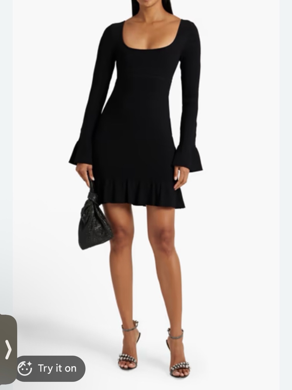 Herve Leger Black Long-Sleeve Scoop Neck Ruffle-Hem Mini Dress